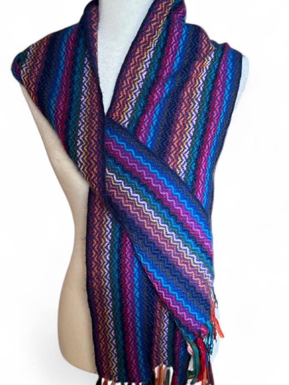100% Alpaca Wool Multicolor Zigzag Knit Scarf - Women Accessories